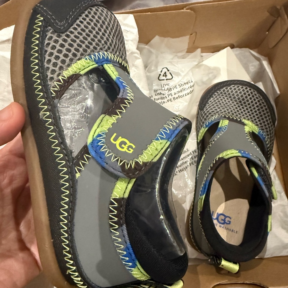 UGG Kids Gray Mary Jane Water Shoes with Green & Blue Trim